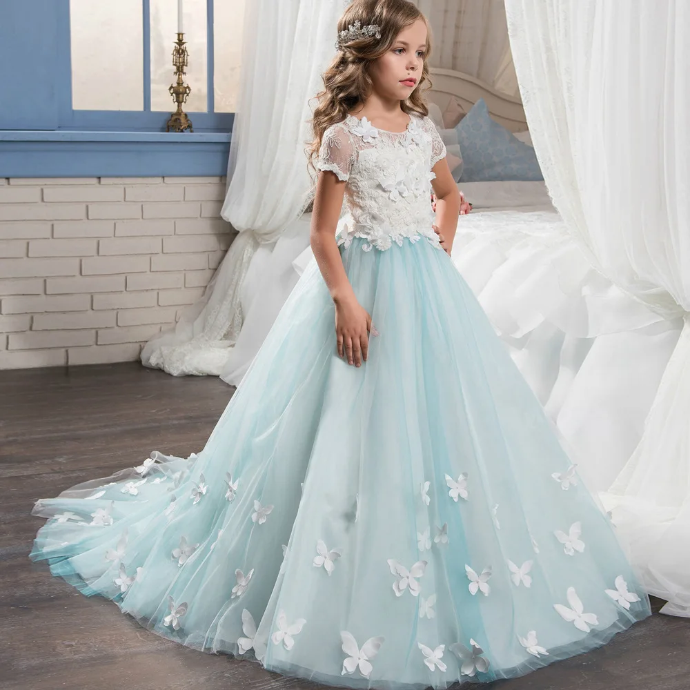 Elegant Light Blue Bow Flower Girl Dresses Floor Length Short Sleeve