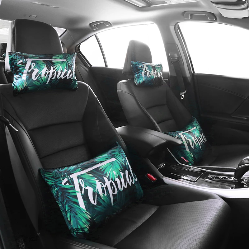 

Rainforest Car Headrest Neck Rest Pillow Flower Printing Waist Lumbar Support Sets Cover Cushion For Auto Seats