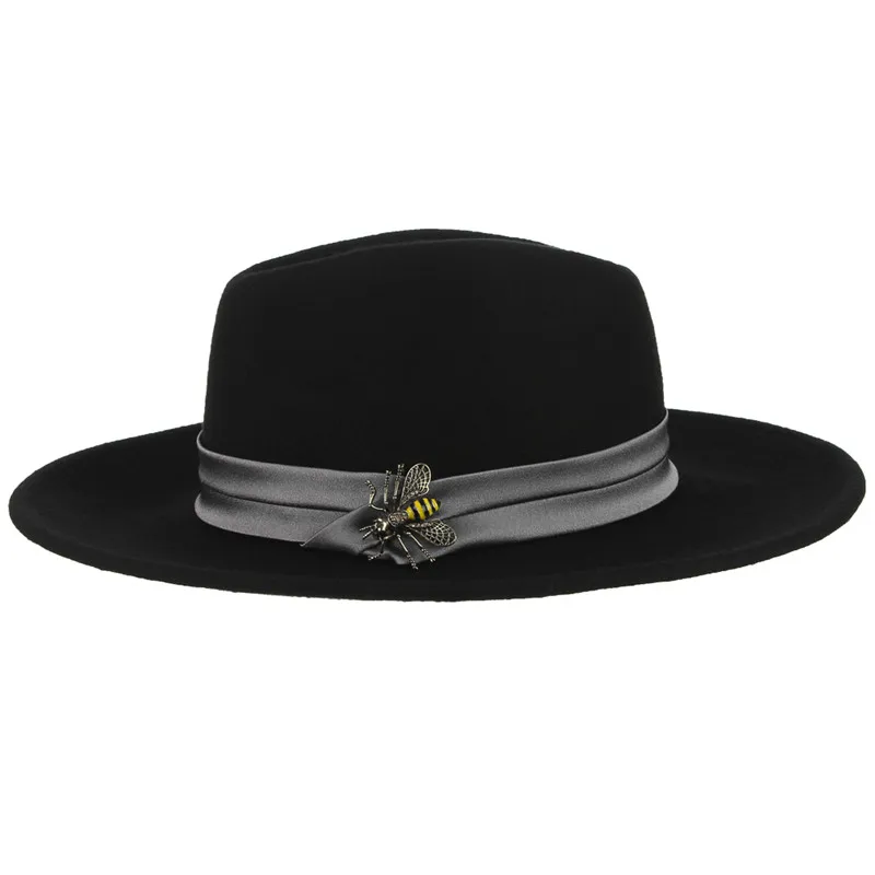Шляпы для мужчин и женщин с подвеской в виде пчелы, джазовая Кепка GEMVIE унисекс, Классическая однотонная шерстяная шляпа с широкими полями, одноцветная джазовая шляпа