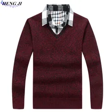 Men’s fake two-piece sweater, shirt collar with thickened wool tunic, large size knitwear, winter warmth, high quality