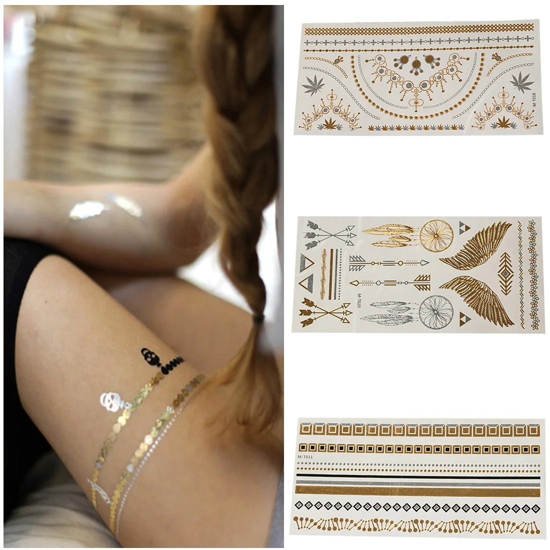 الجسم الفن Fashional مثير المنتجات قلادة سوار الوشم المؤقت وهمية Tattoometal فلاش معدني الذهب الفضة الوشم