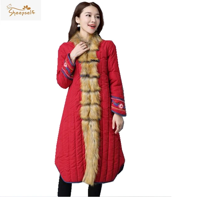 Cheap Chinese Style Winter Women Vintage Parkas Coats 2016 Embroidery Faux Fur Collar Red Outwear Long Jackets Femme Slim Coat WC336