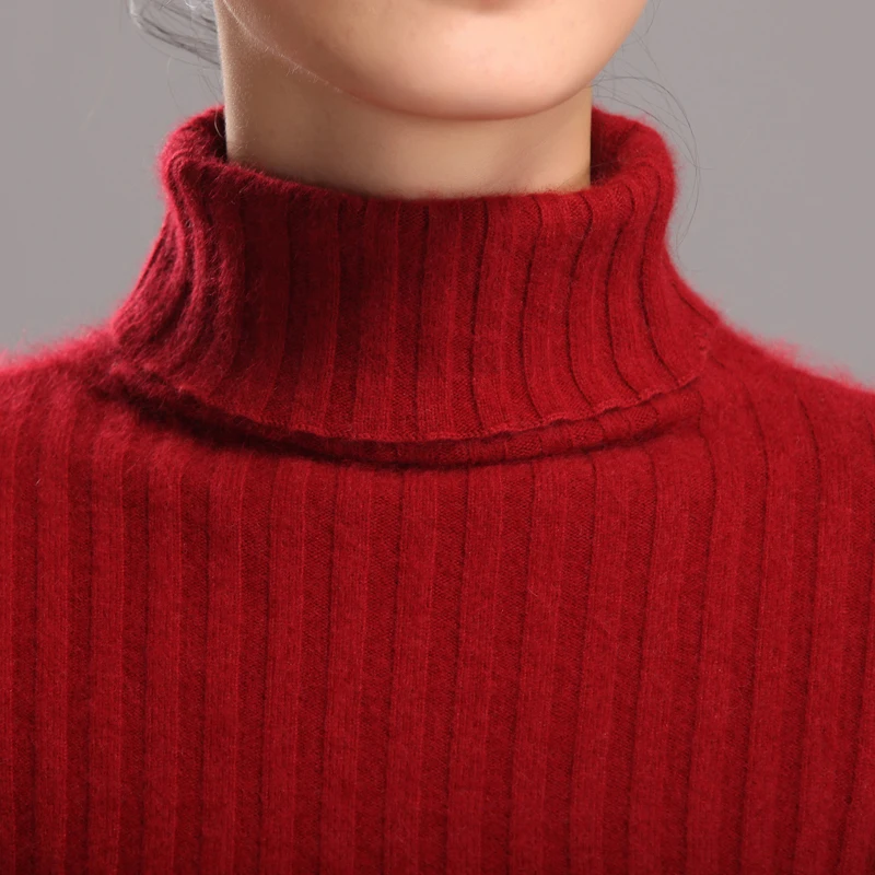 Зимний модный супер теплый свитер кашемир с норкой женский свитер с высоким воротом и пуловеры женский эластичный тонкий базовый свитер - Цвет: xiu hong se