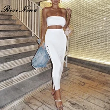 RICININA New Women Sexy Dress Womens Strapless Buttons Tracksuit Two Pieces Set Woman Bodycon Party Long Slit Dress Vestidos