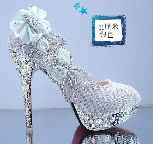 Женские свадебные туфли со стразами; женские вечерние туфли на высоком каблуке красного цвета для невесты; пикантные женские туфли-лодочки; блестящая белая свадебная обувь; 11 см - Цвет: Flower 11cm silver