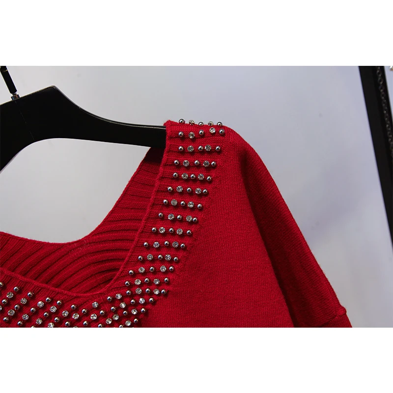 ALPHALMODA 2018 Autumn Winter Women's V-collar Beaded Fashion Knit Tracksuit Pocket Pants Stylish Studded Collar Knitting Sets