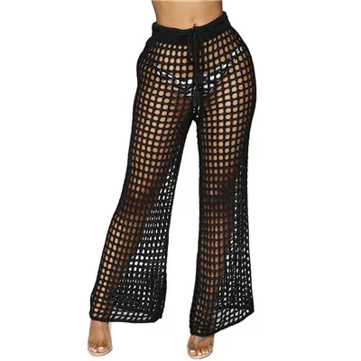 Adogirl Women Beach Flare Pants Solid Knitted Hollow Out Fishnet Wide Leg Pants High Waist Lace Up Sashes Night Club Trousers - Цвет: black pants