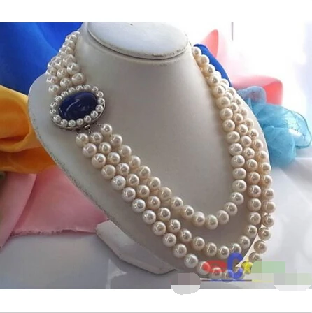 

Free shipping >>>>>>p847 3ROW 11MM WHITE ROUND FRESHWATER CULTURED PEARL NECKLACE LAPIS