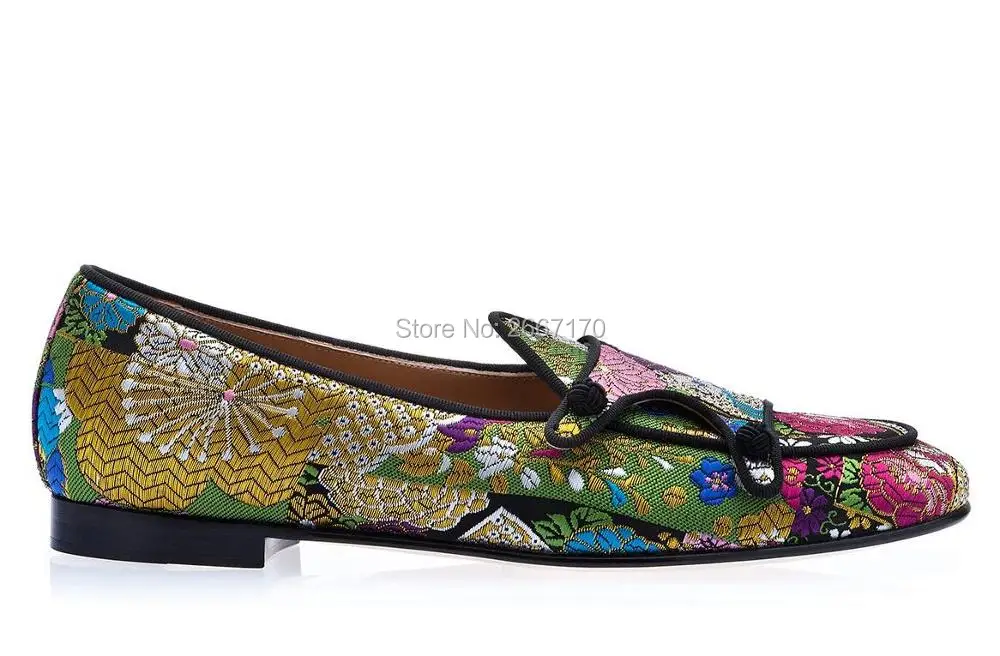 Sexy Men Wedding Shoes Satin Floral Embroidered Loafers Double-Monk Flats Jacquard Silk Shoes Slip On slippers Party Men