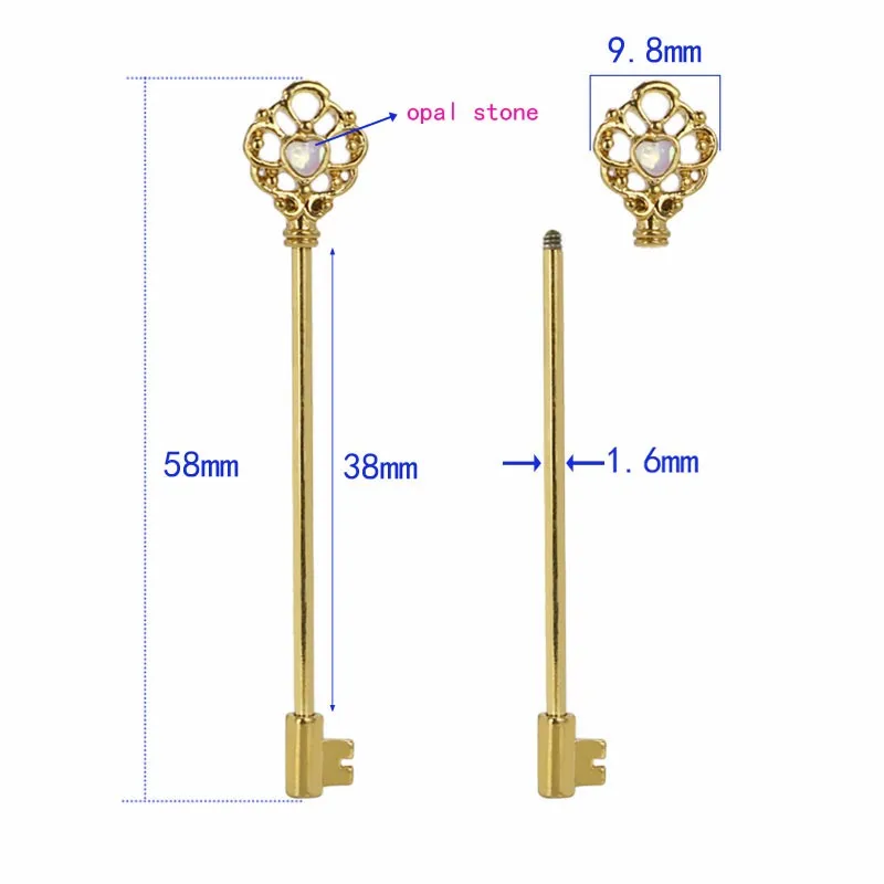 14G Industrial Cartilage Piercing Bar Stainless Steel Opal Stone Key Barbell Long Straight  Silver Gold Women Men Body Jewelry2