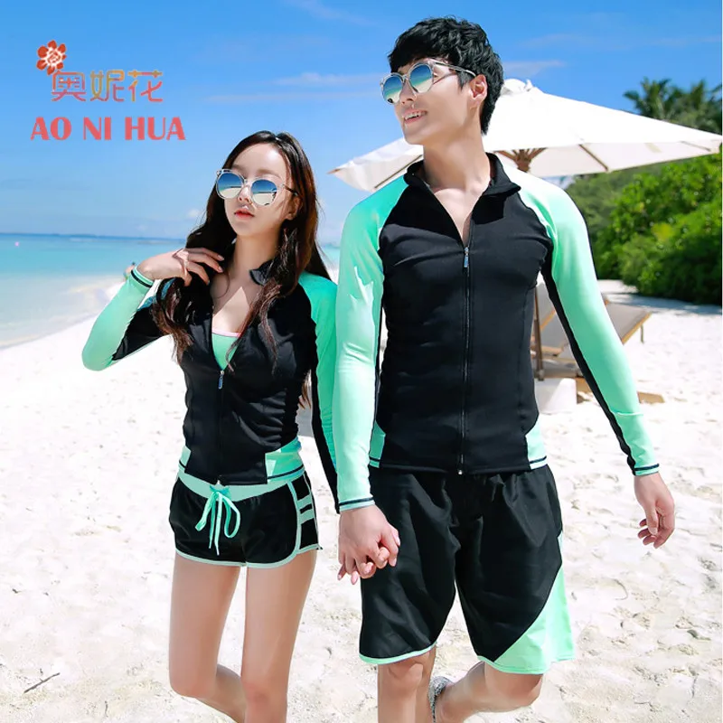 

AONIHUA 2sets gift New Couples sport Swimsuits Patchwork Long sleeve Zipper swimwear Push up Trunks Men Women Beach bathing suit