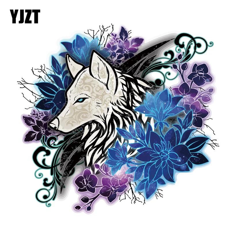 

YJZT 15CM*14.6CM Flower And Wolf Head Decal PVC Motorcycle Car Sticker 11-00556