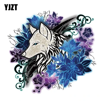 

YJZT 15CM*14.6CM Flower And Wolf Head Decal PVC Motorcycle Car Sticker 11-00556