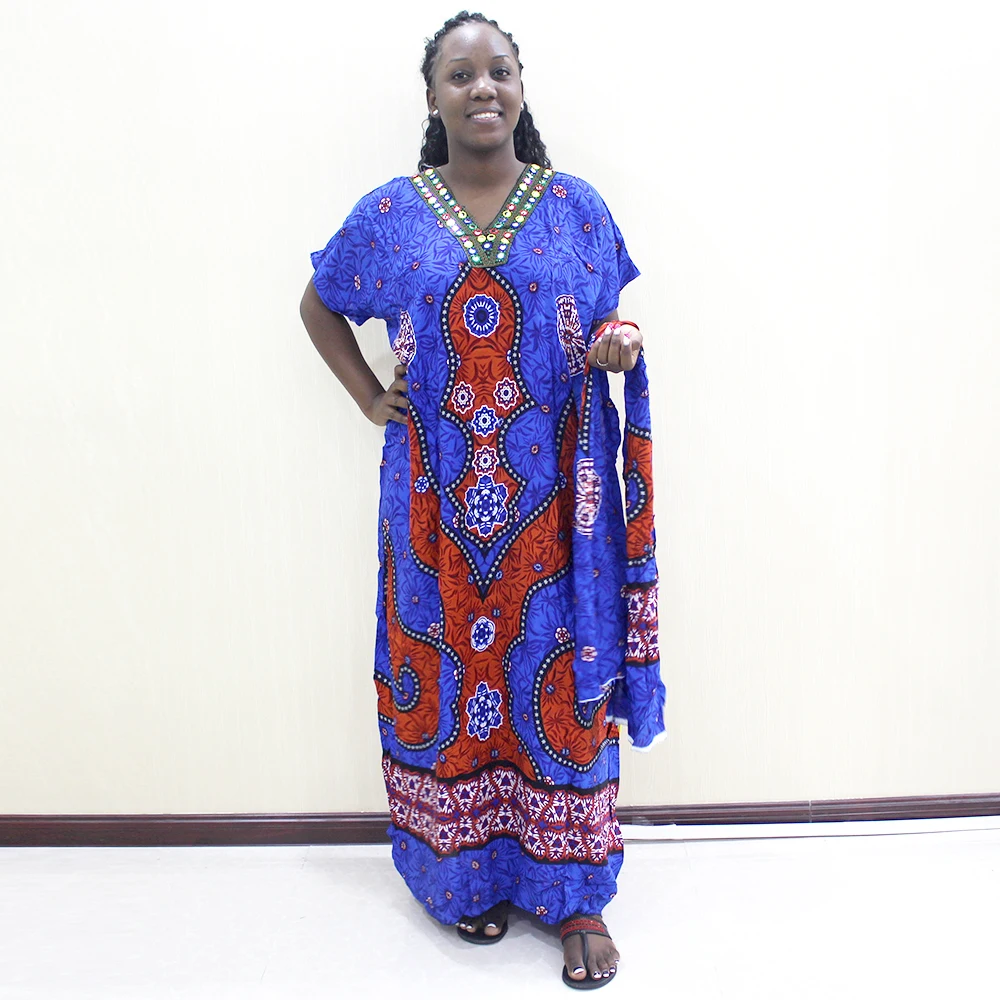 Dashikiage африканские красочные Блестящие Блестки Гана плюс платье с длинным шарфом - Цвет: Синий