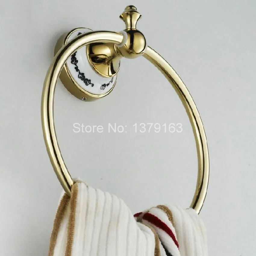Аксессуар для ванной комнаты настенный Роскошный полированный Золотой латунный керамический цветочный узор кольцо для полотенца держатель стойки aba252