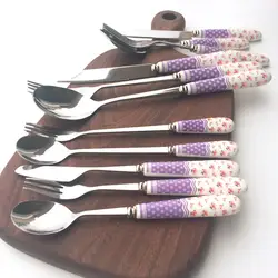 Пасторальный керамика ручка нержавеющая сталь ложки вилки ножи для шашлыков ложка с длинной ручкой для кофе Десерт Мороженое прекрасный
