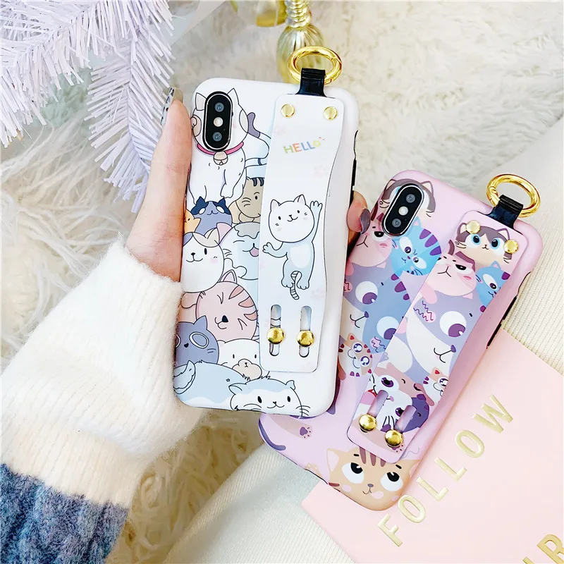 

Soft IMD TPU Fundas for IPhone X Phone Cases for Iphone Xs Max 7 8 6 6S Plus Cute Cats Back Cover with Wrist Strap Fitted Cases