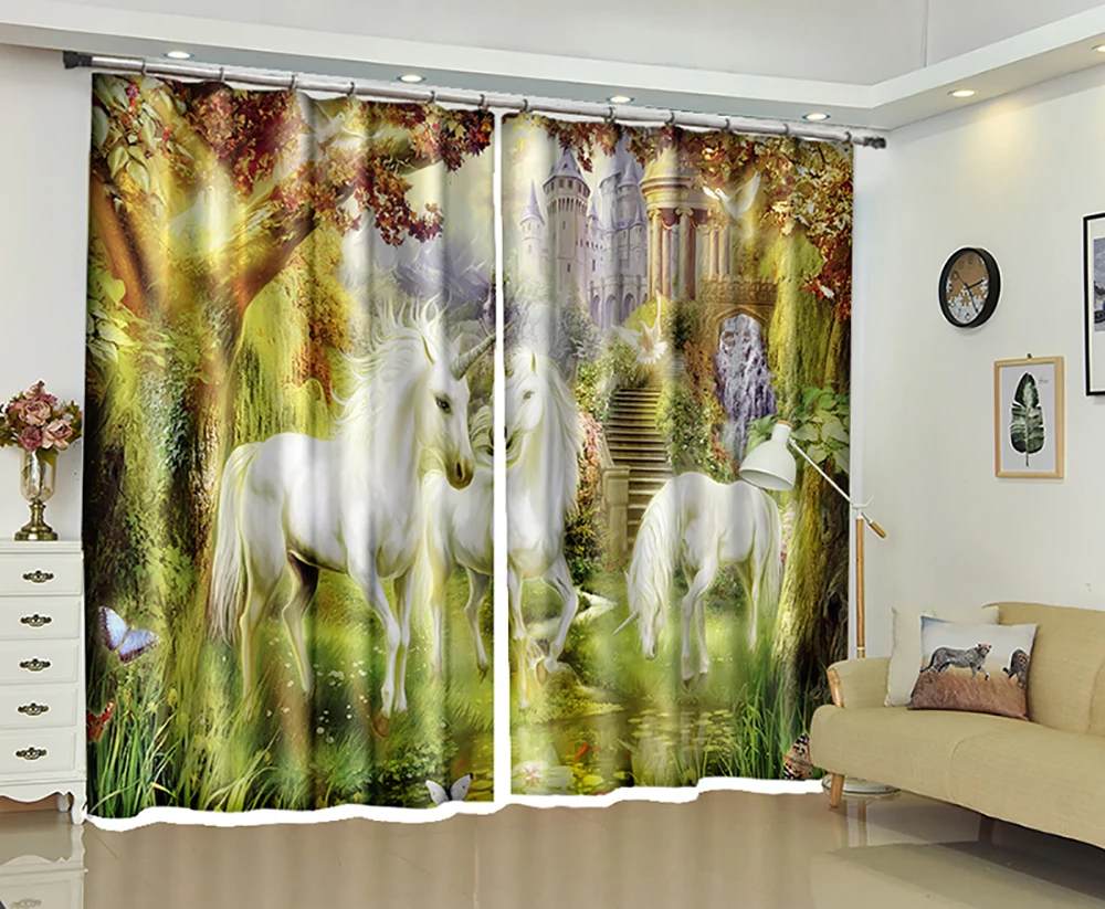 

3 Unicorn Horse Photos Black Hair Curtain 3D Digital Print Blackout Curtains