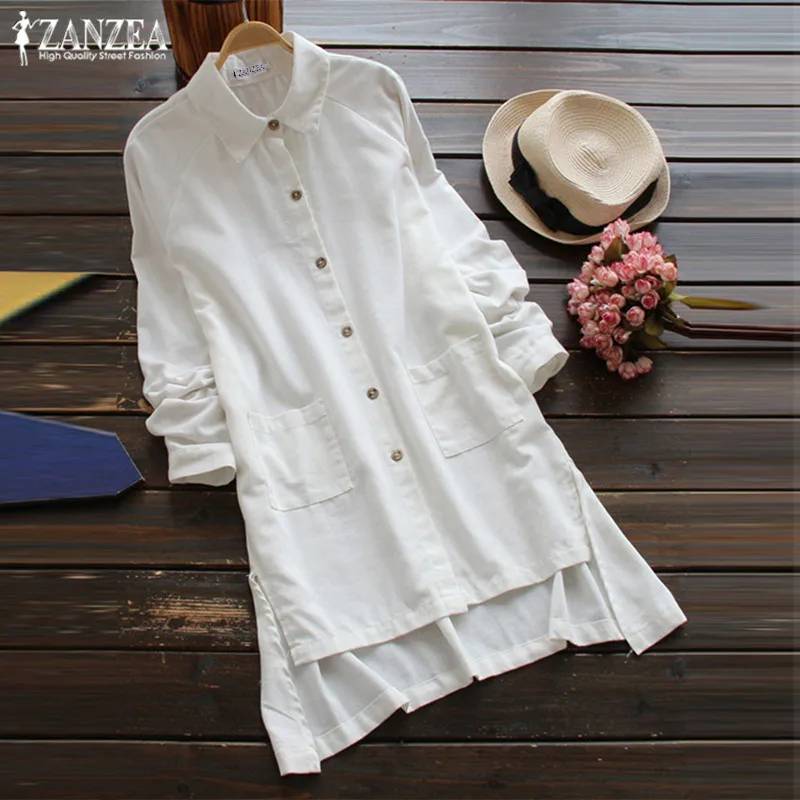 

ZANZEA 2019 Asymmetrical Tops Women's Casual Blouse Vintage Long Sleeve Tee Shirts Female Button Blusas Woman Tunic Plus Size