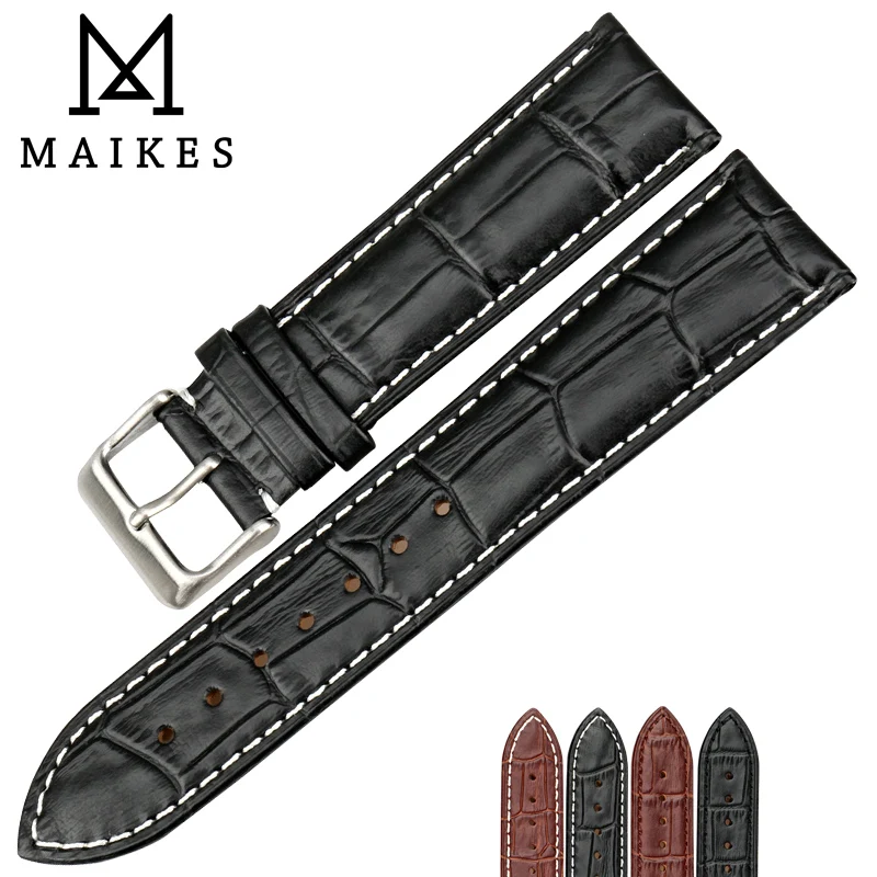 Ремешок для часов MAIKES из натуральной кожи с белыми вставками 18-24 мм | Наручные