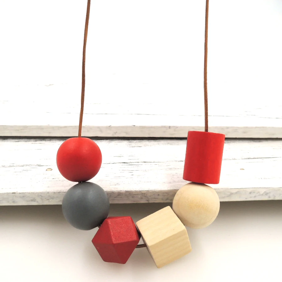 

red grey necklace, eco friend wooden beads ball beaded statement necklace color block minimalist cube tube NW406