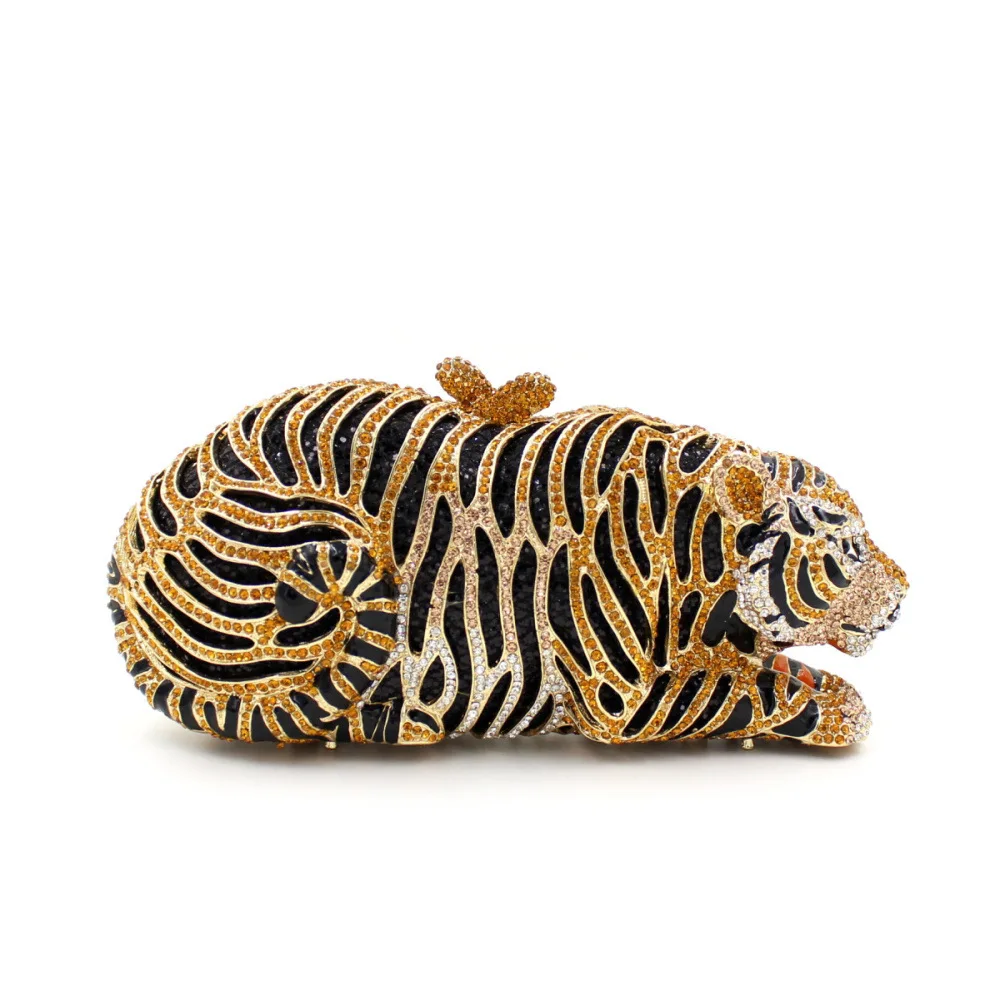 

New Style Animal Tiger Crystal Evening Bag Diamonds Cocktail Party Clutch Bags Purse Woman Handbags Gold Color Free Shipping