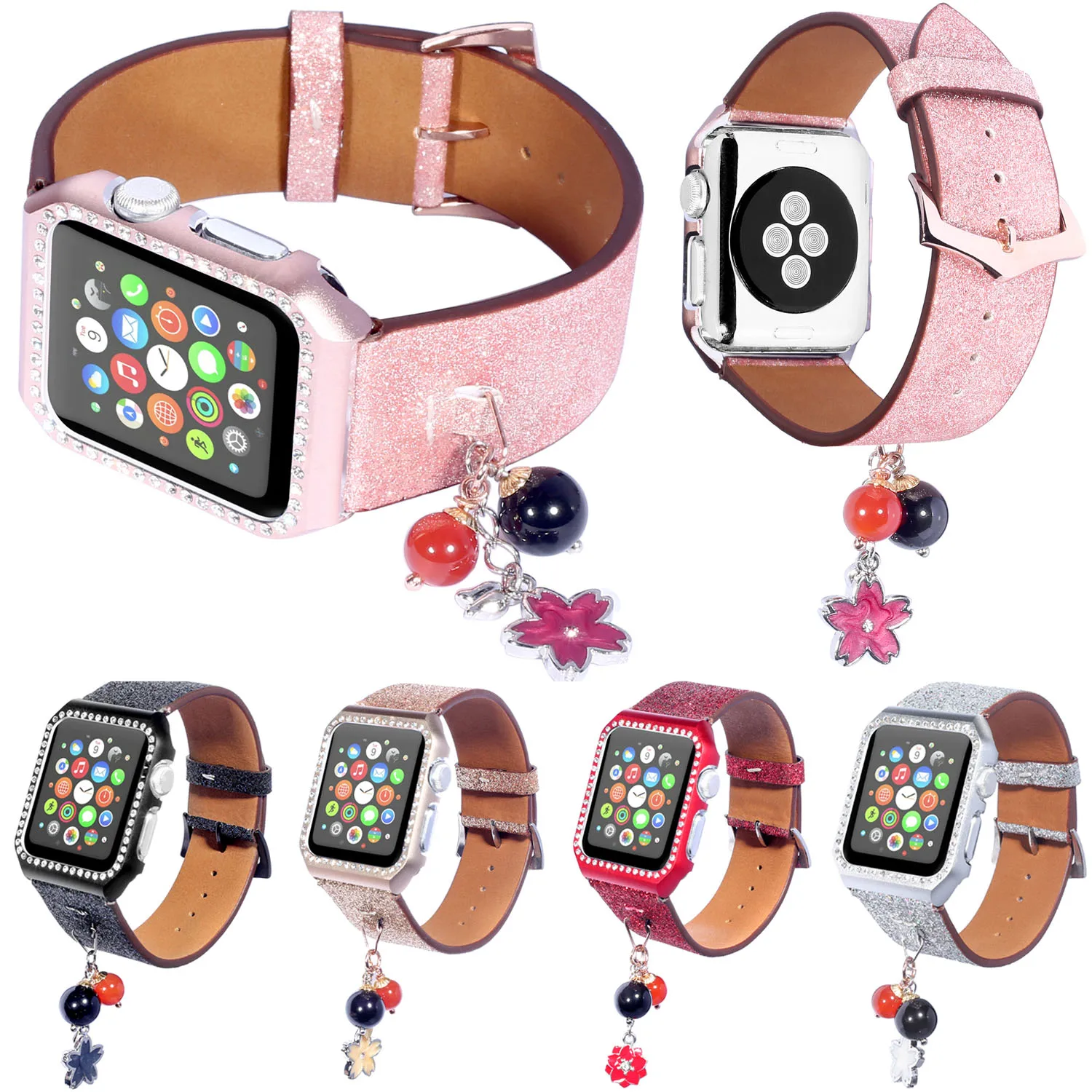 Bling Glitter Leather Watch Band for Apple Watch Series 1/2/3 Strap Belt Bracelet 42mm 38mm Diamond Cover for Apple Watch Case