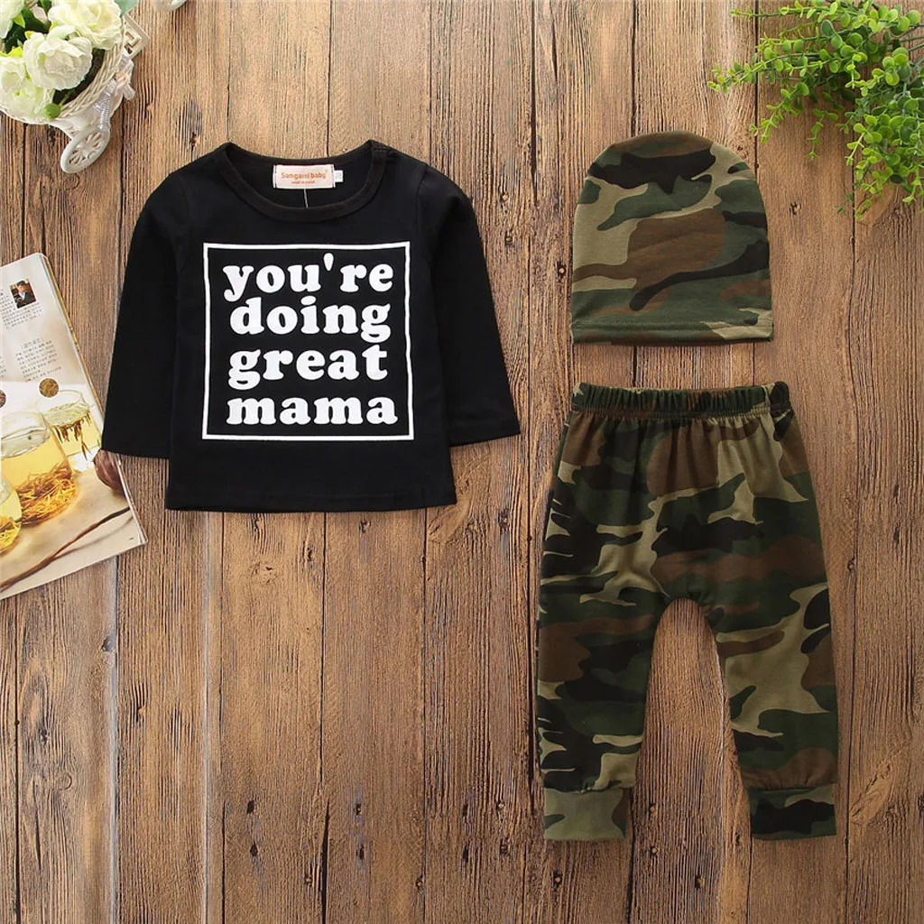 

3Pcs Baby Boy Clothes Set Long Sleeve Camouflage Pants Hat Toddler Infant Suit