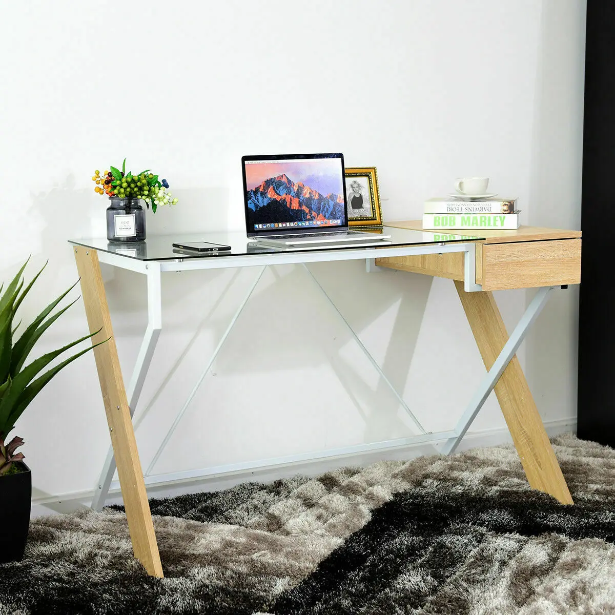 Giantex Computer Desk Laptop Table Glass Top Wood Metal Frame Home Office Furniture New Commercial Furniture HW58312