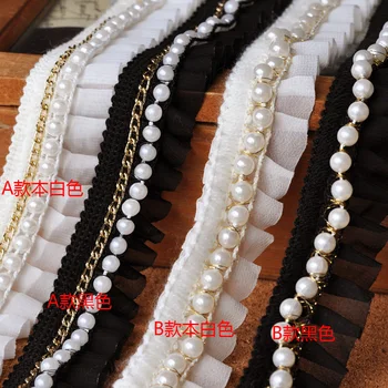 

5 Yard/Lot Clothes accessories 3cm wide black white diy headdress decorated chiffon fabric beads lace trim pleated