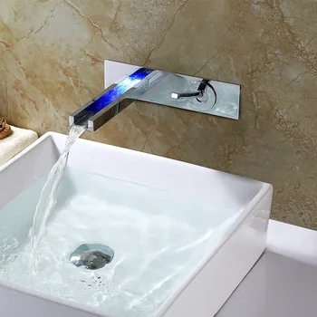 

Bathroom Waterfall Basin Faucet With LED Light Chrome Brass Sink Mixer Tap Single Handle In-Wall Hot & Cold Water Crane Tap
