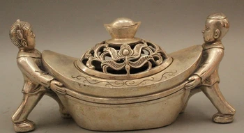 

Marked Chinese Dynasty Palace Tibet Silver Tongzi Boy Yuanbao Incense Burner Cen