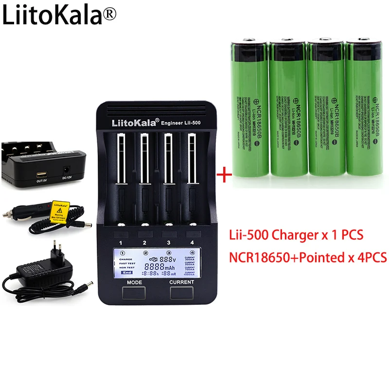 Умное устройство для зарядки никель-металлогидридных аккумуляторов от компании LiitoKala lii500 ЖК-дисплей 3,7 V 18650 26650 1,2 V AA батарея Зарядное устройство+ 4 шт. NCR18650B 3400 мА/ч+, острым для батарейки для карманного фонаря