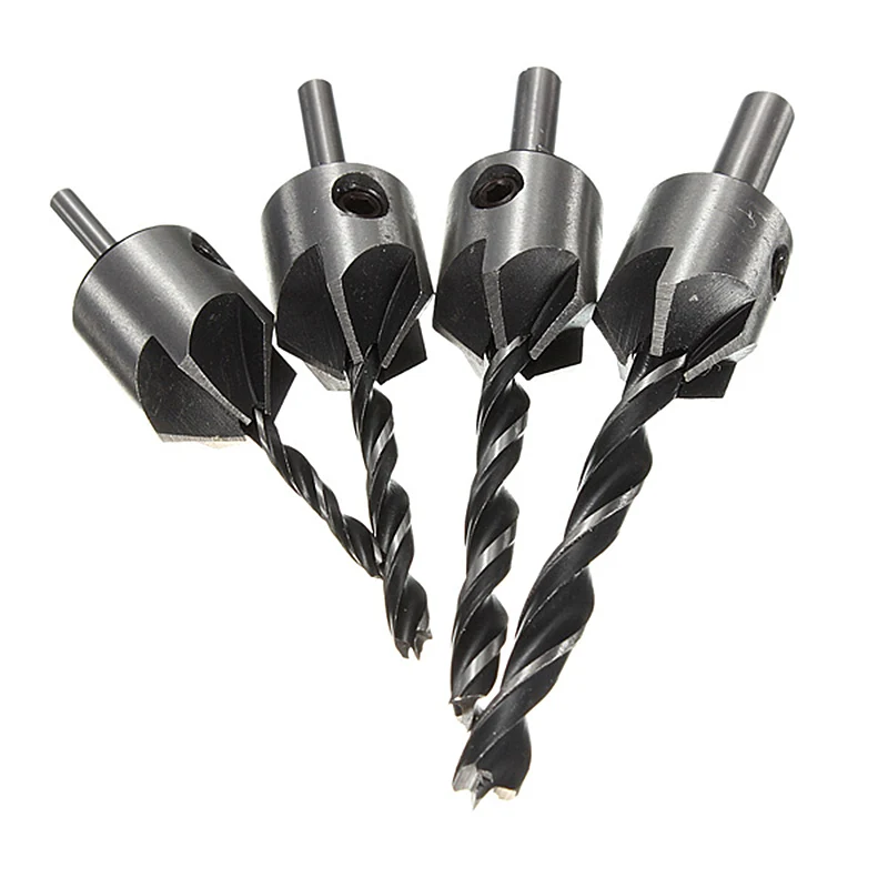 

New 4pcs HSS 5 Flute Countersink Drill Bit Set Screw Woodworking Chamfer Tool 3-6mm NE
