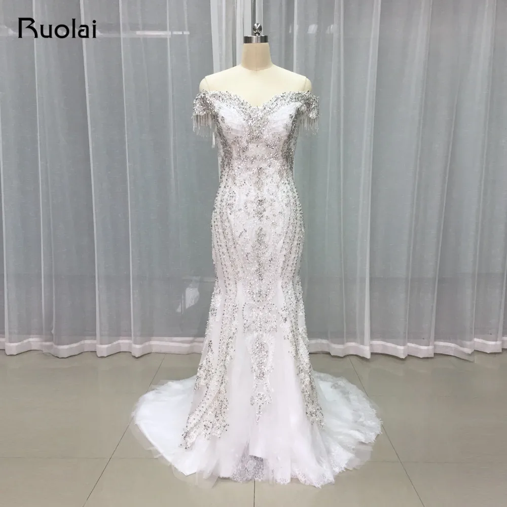 High Quality Luxury Beaded Mermaid font b Wedding b font Dresses Long Lace Off Shoulder Shiny