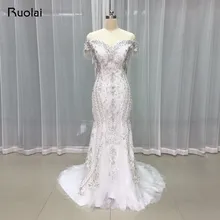 High Quality Luxury Beaded Mermaid Wedding Dresses Long Lace Off Shoulder Shiny Crystal Bridal Gown 2017 Vestido de Novia RW11