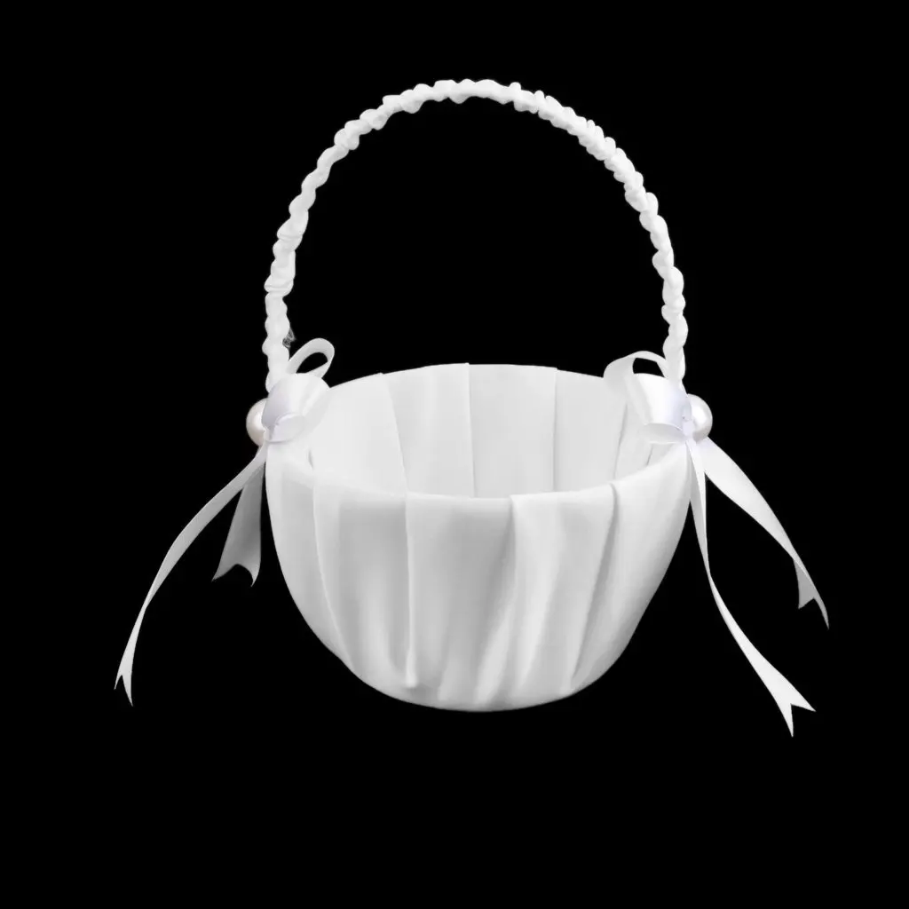 

TFBC-White Satin Beaded Wedding Flower Girl Basket Bowknot Decor