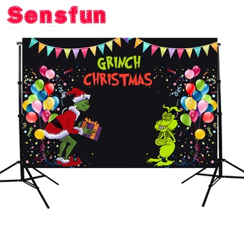 

Vinyl The Grinch Christmas Party Photography Backgrounds Colorful Bunting Balloons Backdrops Black Customized 7x5ft