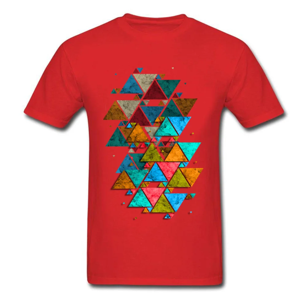 Male Retro Tops Shirt Round Collar Summer All Cotton Top T-shirts Custom Short Sleeve Vintage Geometric triangles Tops Shirt Vintage Geometric triangles red