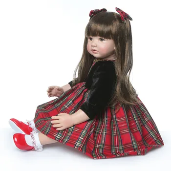 

60cm Reborn Baby Doll Lifelike Baby Doll Silicone Cloth Body Simulation Long Hair Plaid Skirt Princess Doll with Movable Limbs