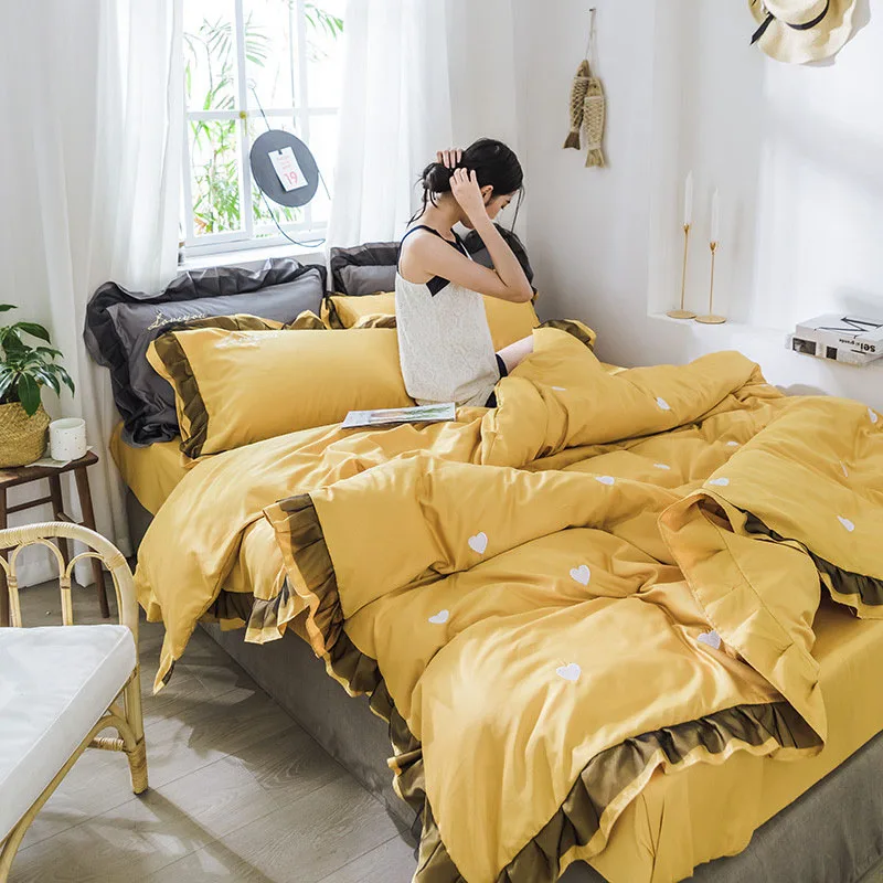 Modern Style 3 4pcs Bed Sets Duvet Cover Sheet Pillowcase Ruffles Fresh Yellow With Love Heart Design Full Queen King | Дом и сад