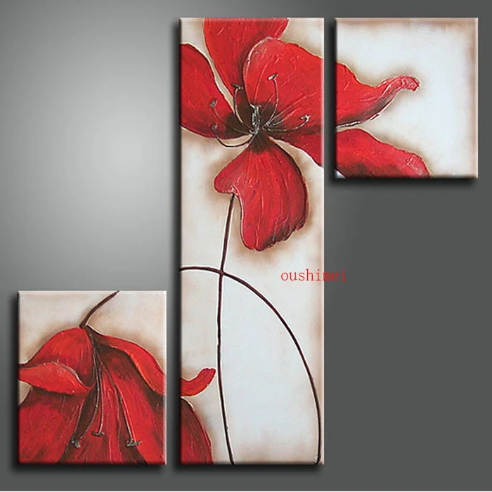 

Hand-painted Red Flower Home Decor Paintings Modern Abstract Oil Painting Canvas 3pc/set Pictures On Wall Art Hang Painting