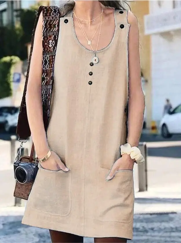 Women Casual Loose Dress Button Vest Tank Solid Beach Boho Splice Pocket Befree Dress Plus Sizes Summer Dresses Robe Femme 2019