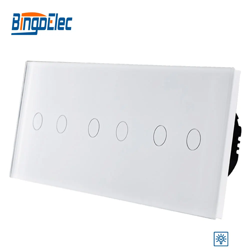 Bingoelce 6 Gang 1 Way Dimmer Touch Screen Light Switch Luxury Black White Gold Glass Panel Wall Switche 228*86mm