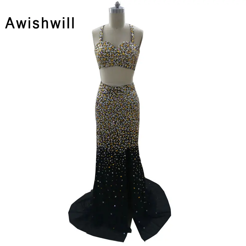 Sexy Spaghetti Strap Black Long Graduation Party Dress Sleeveless Beadings Chiffon Prom Gown 