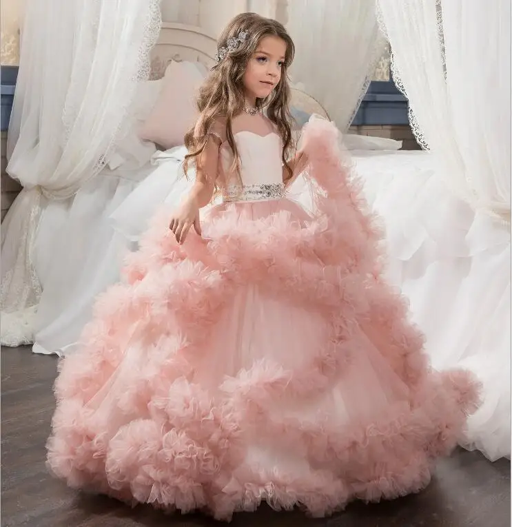Свадебное платье принцессы для девочек; розовое кружевное весеннее платье на день рождения для девочек; бальное платье; детское рождественское представление; одежда - Цвет: Розовый