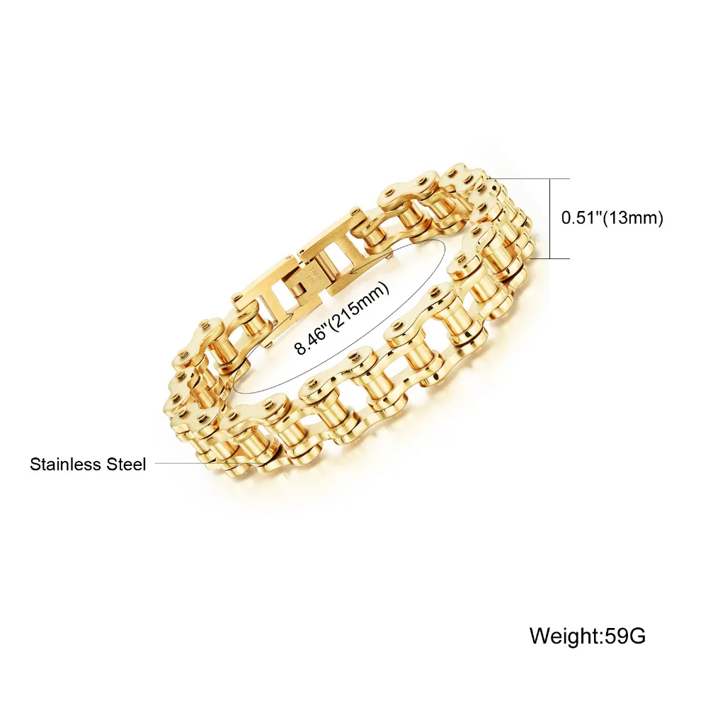 Fate Love 21.5cm*13mm Punk Gold Color Heavy Wide Stainless Steel Bracelets Bicycle Motorcycle Chain Men Delicate Jewelry FL781