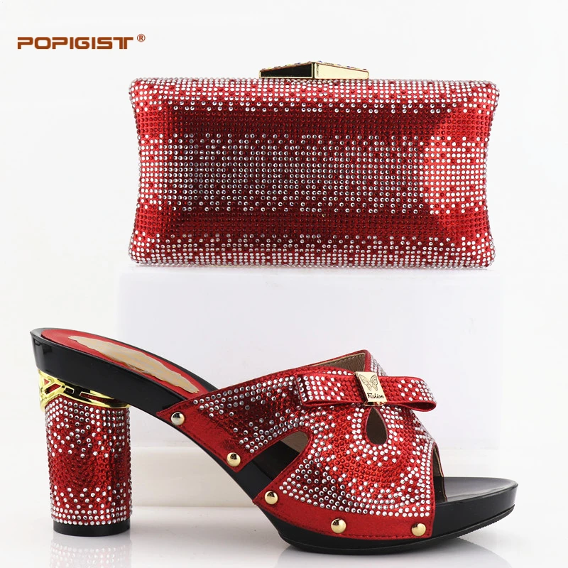 Shining Crystal Bridal Red Wedding Shoes and Bag Set African Shoes and Matching Bags Italian