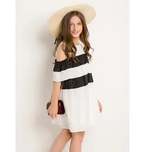 Одежда для девочек летнее платье шифоновое платье с открытыми плечами детская одежда с короткими рукавами для детей 6, 8, 10, 12, 14 лет Белое и черное платье для девочек-подростков