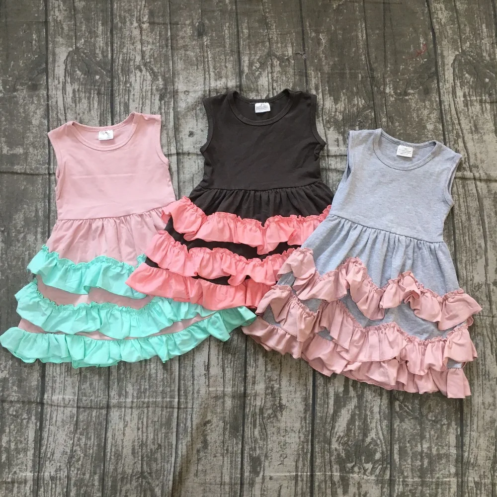 2018 new girl kids clothing cotton 3 colors dress ruffle fall/Summer baby kids wear girls clothes maxi dress solid sleeveless solid 3 4 sleeve belt maxi dress
